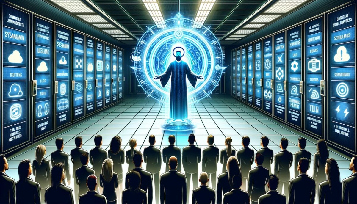 Illustration of a futuristic server room with holographic displays, each showing one of 'The SysAdmin Ten Commandments'. In the center, a SysAdmin with a halo of digital light looks on, arms outstretched, surrounded by a circle of diverse, attentive IT professionals.
