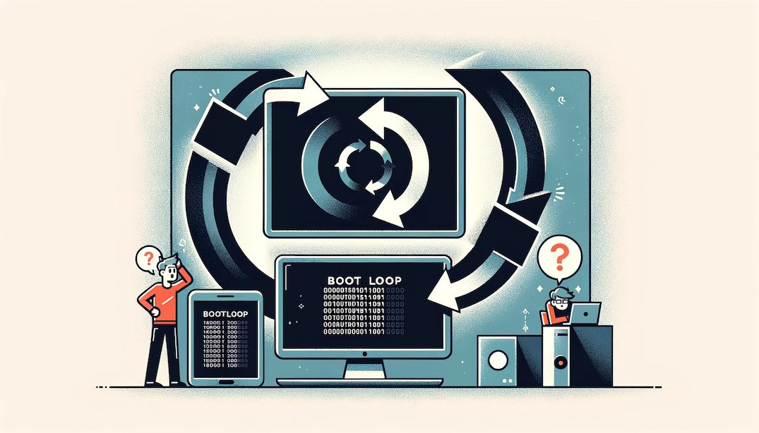 Rectangular illustration visualizing the concept of a bootloop. A computer or smartphone is shown in a repetitive cycle of starting up, displaying an error, and shutting down, only to start up again. The scene is emphasized with circular arrows indicating the continuous loop, and a frustrated user nearby scratching their head in confusion.