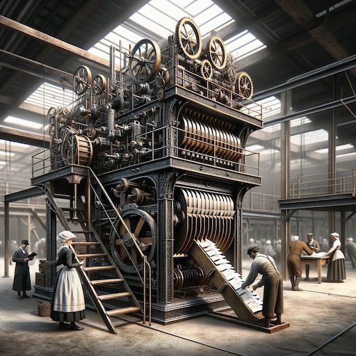 Digital art of an old-fashioned, industrial server machine set in a factory environment from the Industrial Revolution. The server is built with wrought iron, wood, and pulleys. Workers in period attire operate the machine, manually feeding paper envelopes into a chute, representing the primitive method of sending electronic messages.