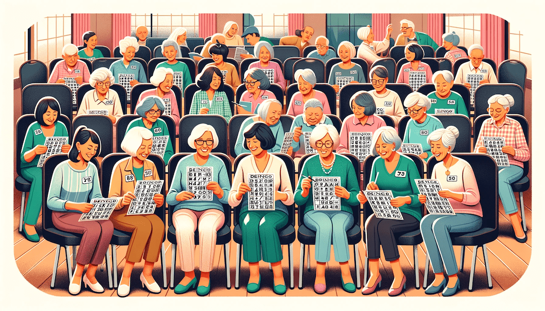 Rectangular depiction of a group of retired women enjoying a spirited game of bingo. They sit in a well-lit room with comfortable chairs, each holding their bingo cards, eagerly awaiting the next number call. Some women chat and laugh, while others concentrate intently on their cards. The atmosphere is cheerful and full of camaraderie.