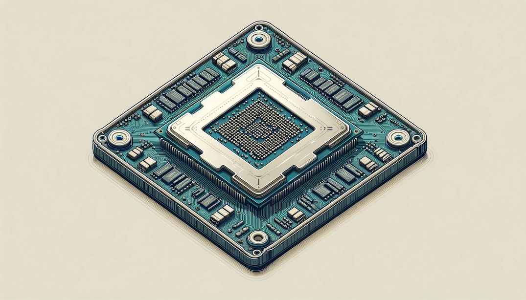 Rectangular illustration showcasing a detailed and realistic CPU (Central Processing Unit). The CPU is depicted from a top-down view, highlighting its intricate circuits, pins, and silicon components. The background is neutral to emphasize the CPU's details and complexity.