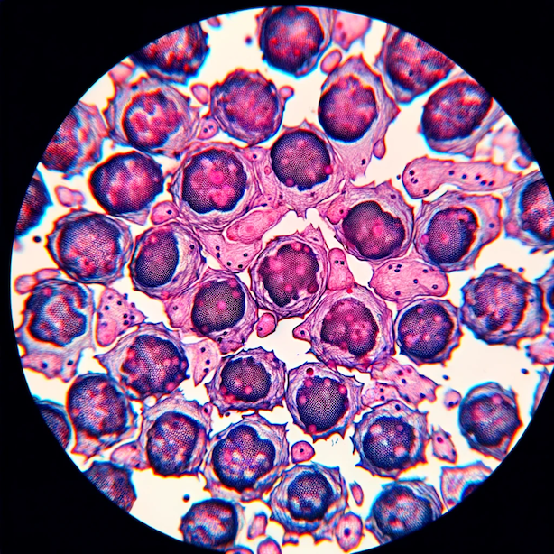 Photo of cancer cells magnified under a microscope, showing their irregular shape and clustering formation.