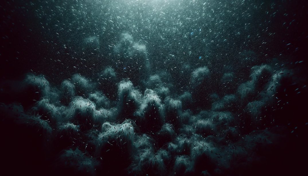 Photo of dense swarms of plankton in the deep, dark sea, with a very gloomy and ominous atmosphere, almost no light reaching the depths, accentuating the isolation and mystery of the underwater world.