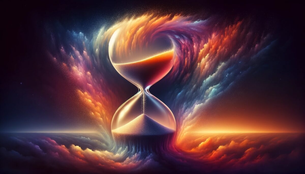 Abstract representation of time as a spectrum of colors transitioning smoothly from warm sunrise hues to the cool tones of night, intertwined with sand grains falling like an hourglass without the glass, merging into the misty edges of the universe.