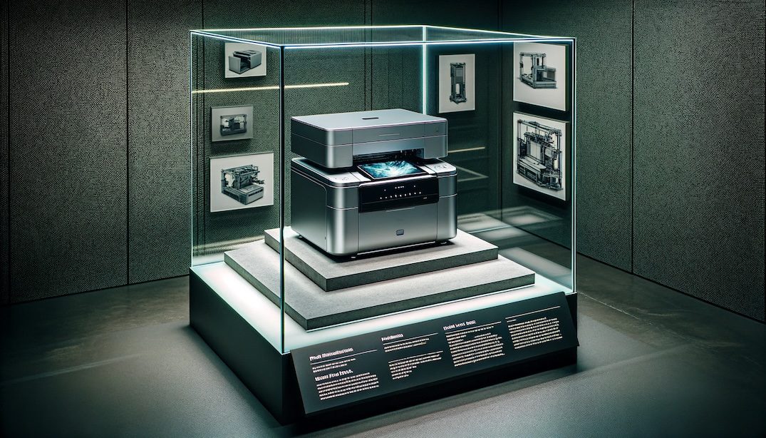 Photo of a modern, sleek printer enclosed within a transparent rectangular display box, showcased on a pedestal with informational plaques describing its features.