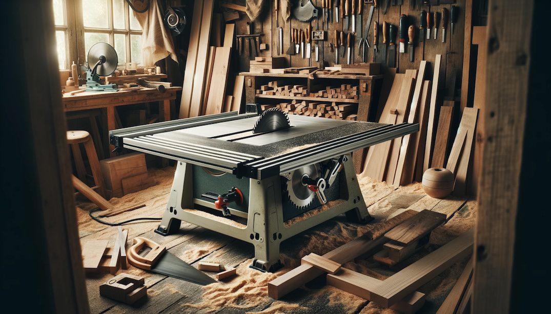 Photo of a robust table saw in the center of a woodworking shed, surrounded by various woodworking tools and pieces of wood, with sawdust scattered around the floor.