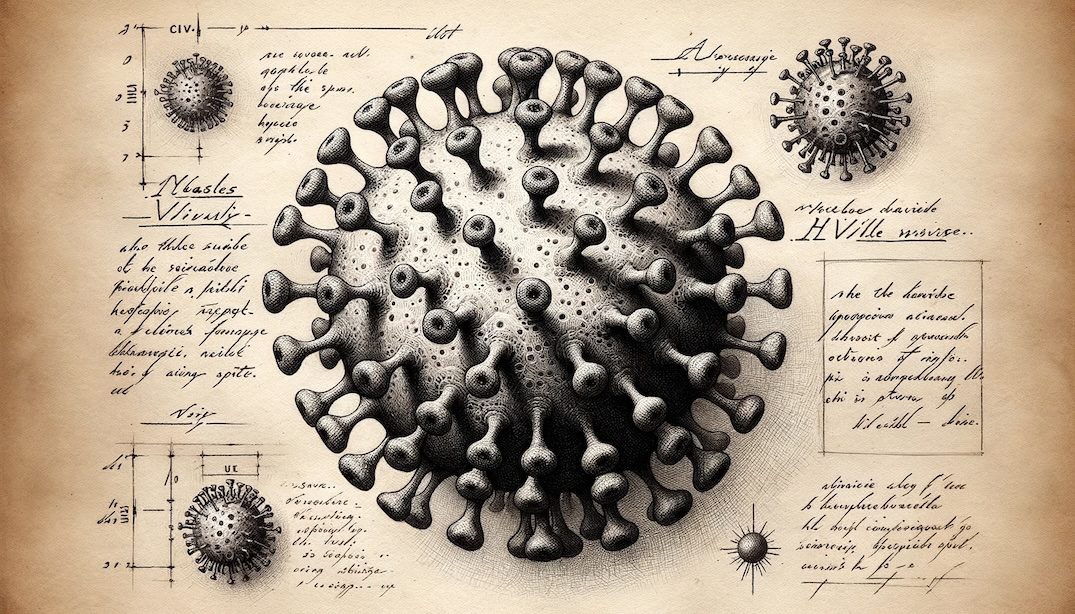 Detailed sketch of the measles virus, as if drawn by a scientist from the 19th century. The illustration emphasizes the unique structure of the virus, accompanied by handwritten notes on its morphology.