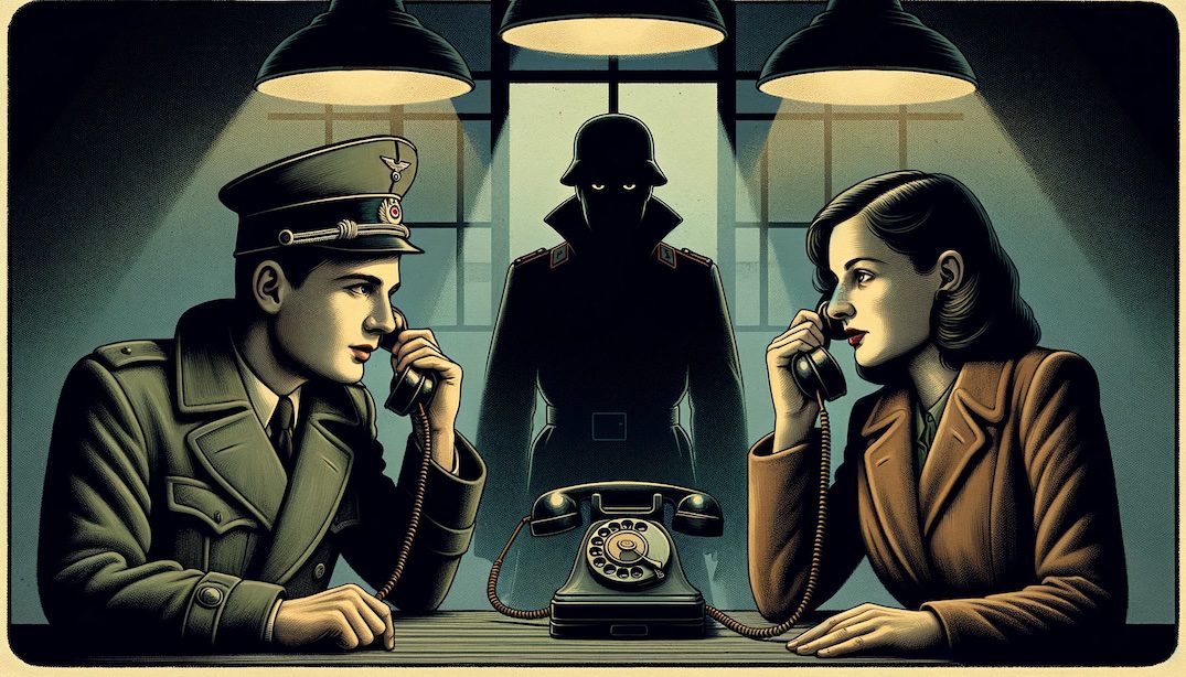 Berlin, Gestapo-era style illustration of two individuals having a phone conversation. The two individuals are shown on opposite ends, speaking into vintage telephones. In the middle, there's a shadowy Gestapo agent secretly intercepting and listening to their encrypted conversation. The atmosphere is tense, with muted colors and subtle hints of danger, like dim lighting, and the looming presence of the Gestapo figure.