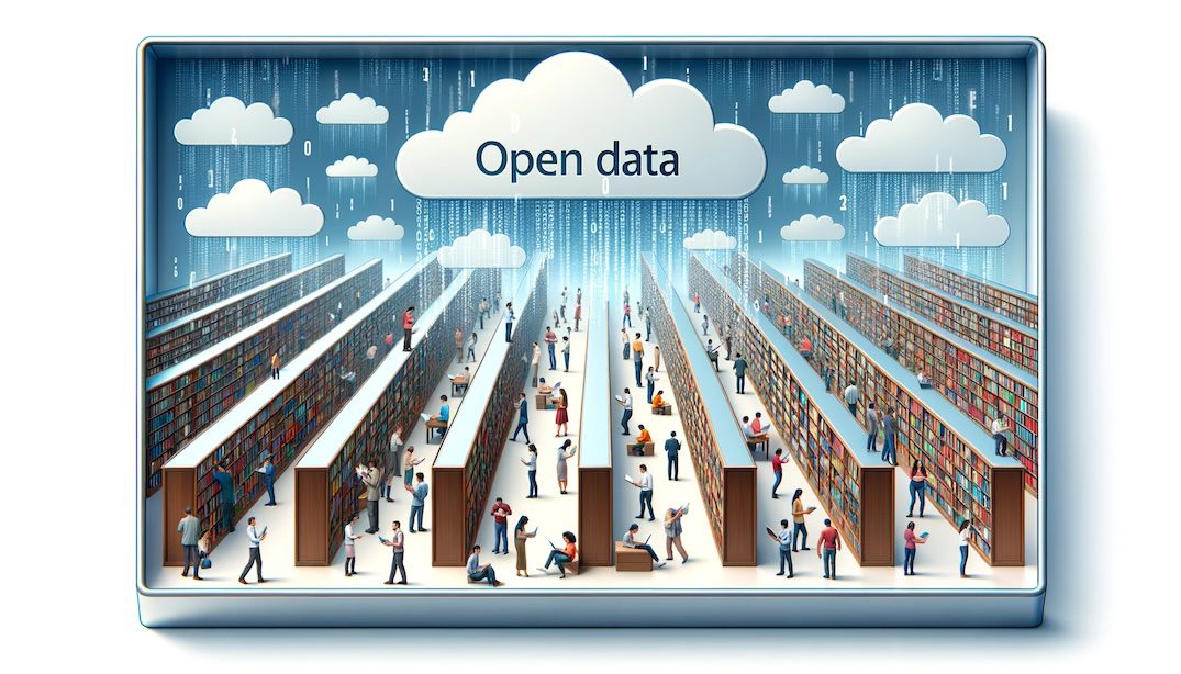 Rectangular depiction of open data as a vast library with endless shelves of transparent books. People of various backgrounds browse, read, and share the books, symbolizing the free access and distribution of knowledge. Above the library, digital clouds float, from which data streams down, reinforcing the concept of openly available digital information.