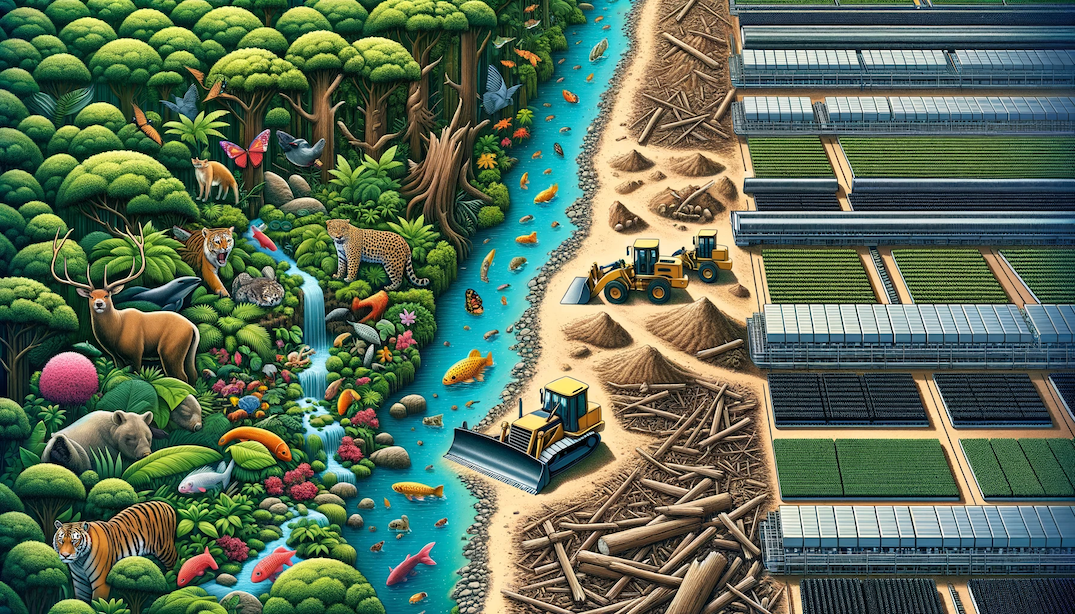 Rectangular illustration showing a stark contrast between two halves of the image. On the left, a lush and diverse forest teeming with various animal species, vibrant plants, and clear water streams. On the right, a massive industrial farming setup with deforested lands, large machinery, and uniform crops. The boundary between the two halves is marked by a bulldozer clearing the forest, symbolizing the encroachment of the global food system on natural habitats.