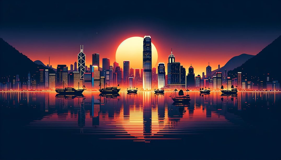 Rectangular illustration of the iconic Hong Kong skyline at dusk. The city's famous skyscrapers are silhouetted against a radiant sunset, with their lights beginning to shine. The Victoria Harbour reflects the city lights, creating a mesmerizing mirror effect, while traditional junks and modern boats glide across the water.
