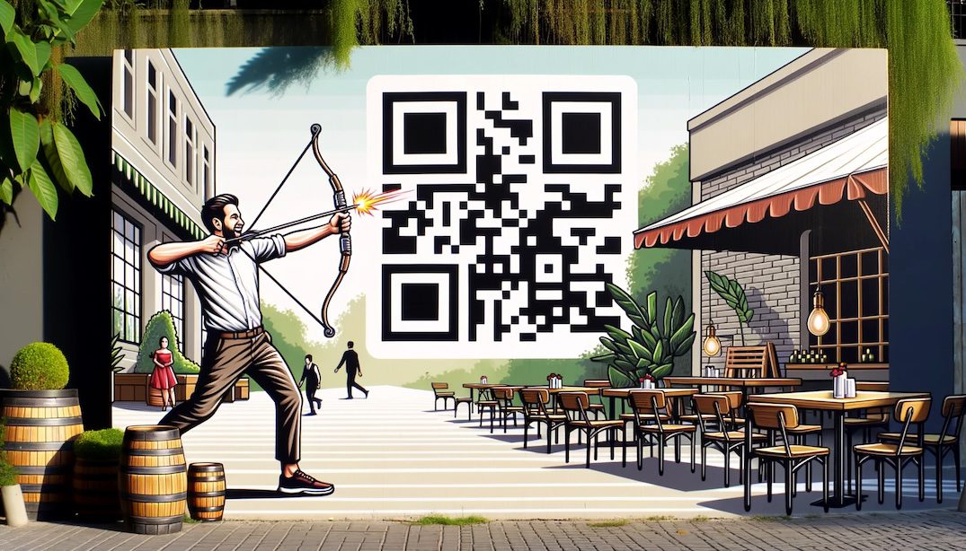 Rectangular depiction of a man taking a playful shot with a slingshot at a large QR code that symbolizes a menu. The setting is outdoors, perhaps at a restaurant patio, and the atmosphere is cheerful and lively, indicating the pandemic's end and the desire to move away from digital menus.
