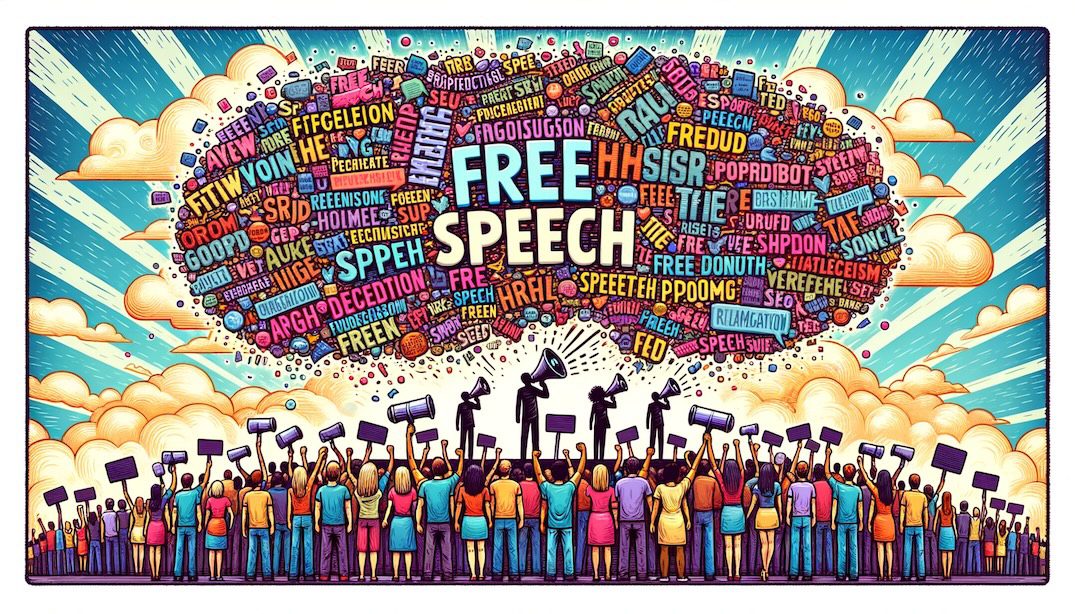 Rectangular illustration symbolizing free speech. A multitude of diverse individuals stands on a platform, each holding a megaphone, projecting their voices into the sky. The sky is filled with words, quotes, and speech bubbles, representing a cacophony of opinions, beliefs, and expressions. The overall tone is vibrant and empowering, emphasizing the freedom and right to speak out.
