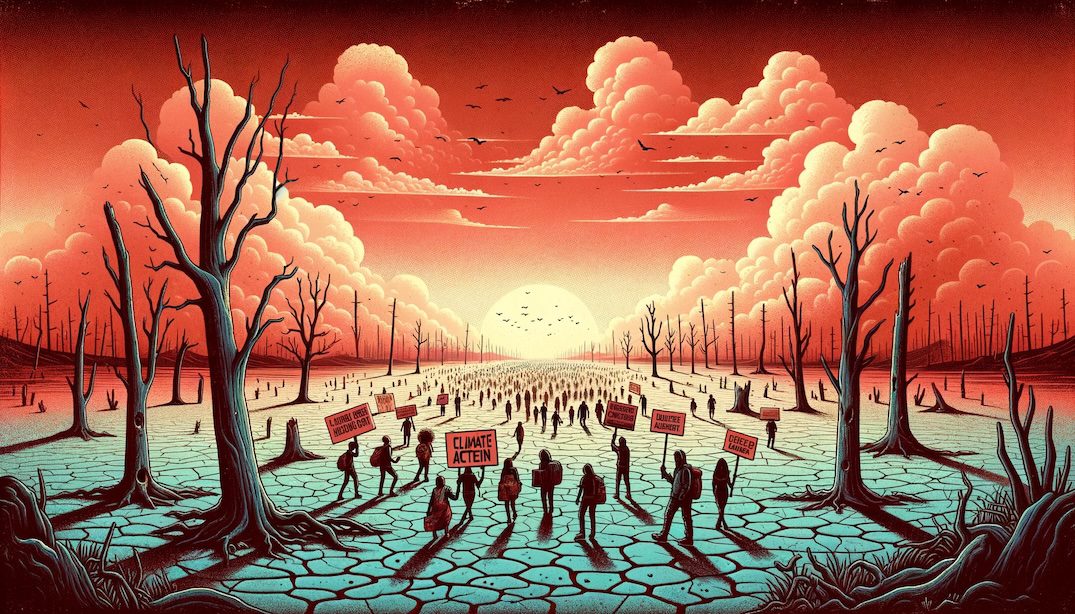 Rectangular illustration of a climate protest set in a post-apocalyptic world affected by severe global heating. The sky is a hazy red-orange, and the land is barren with cracked earth, devoid of any greenery. Skeletal trees and dried-up water bodies paint a bleak landscape. Amidst this desolation, a group of determined protestors marches forward, holding signs and banners pleading for climate action, a stark contrast to the dying world around them.
