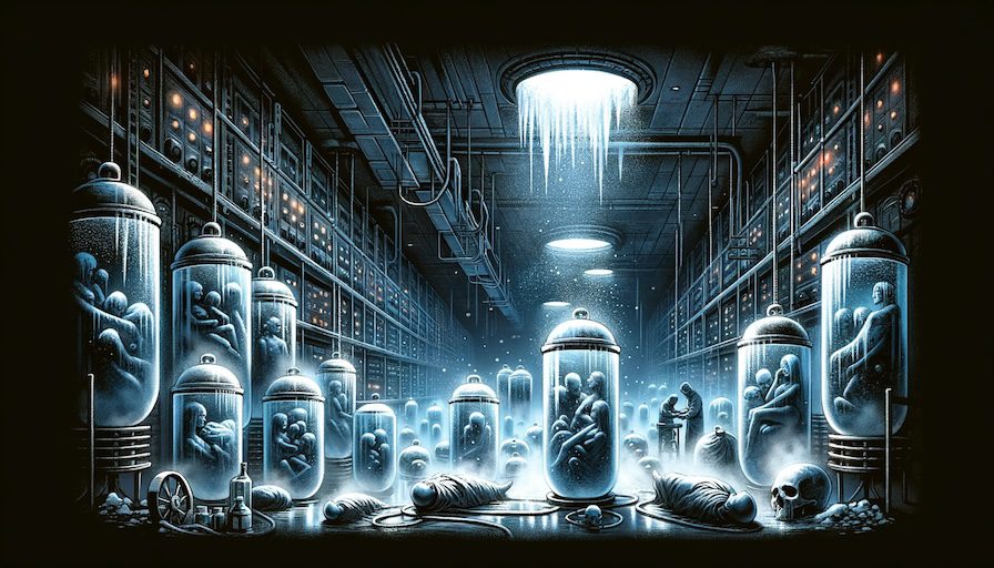 Rectangular illustration capturing the eerie atmosphere of the described events. The focal point is a dimly lit underground vault with LN Dewar capsules. Some capsules are opened, revealing frozen bodies in various states, while others are sealed. There's a hint of frost and vapor in the air. In the background, a mortician and another figure are seen working, trying to arrange the bodies. The scene is bathed in cold blue and gray tones, conveying the chilling and somber mood of the narrative.