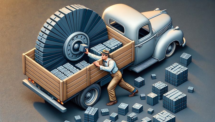 Rectangular depiction of a 1950s scene with a man in period clothing, busily working around an old-fashioned truck. The truck's bed is uniquely designed to resemble the surface of a hard disk, and the man is seen placing or arranging large, tangible data blocks onto it, illustrating the concept of data being loaded or mounted onto a hard disk.