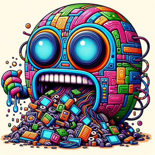 Colorful and quirky depiction of a Large Language Model personified as a cartoon character. It has a massive head filled with swirling digital patterns and LED eyes. The character is animatedly munching on a heap of 'garbage' — old tech gadgets, frayed wires, crumpled papers with erroneous code, and glitchy pixelated data. The imagery suggests the model's capability to digest and learn from diverse sources.