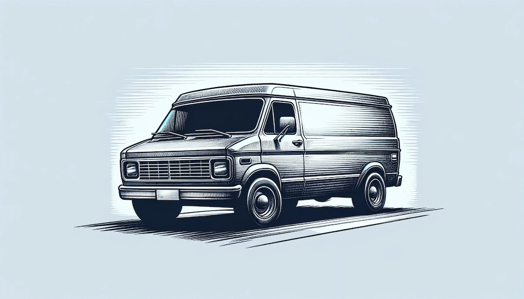 Create a wide rectangular image of a van using pencil stroke art style. The van should be detailed, with visible lines and shading to give a sense of depth and texture, as if sketched by hand with a pencil. The background should be minimal to keep the focus on the van.