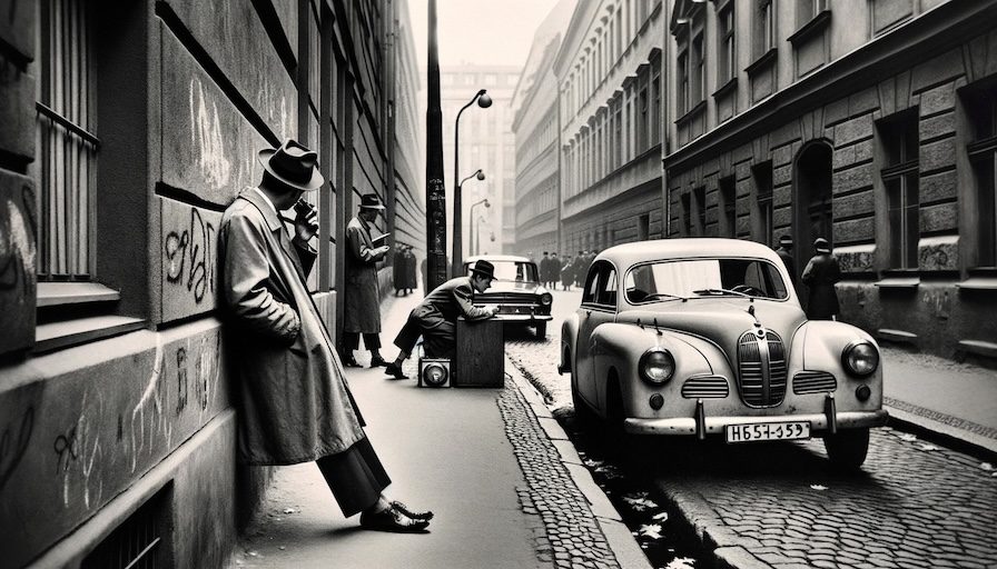 Vintage black and white photo of Berlin in the 1950s, post-war period. In a quiet alley, a person leans against a wall, trying to blend in, while secretly observing the movements of people on the street. Nearby, a vintage car is parked, with an individual inside tuning a shortwave radio. The scene captures the essence of covert surveillance and the city's tense atmosphere.