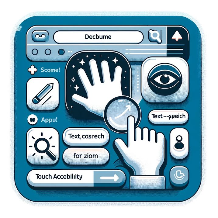Illustration of an accessibility overlay on a digital interface. The overlay should include large, high-contrast buttons, readable fonts, and features like a text-to-speech icon, magnifying glass for zoom, and a hand symbol representing touch accessibility. The background should resemble a simplified web page or app interface.
