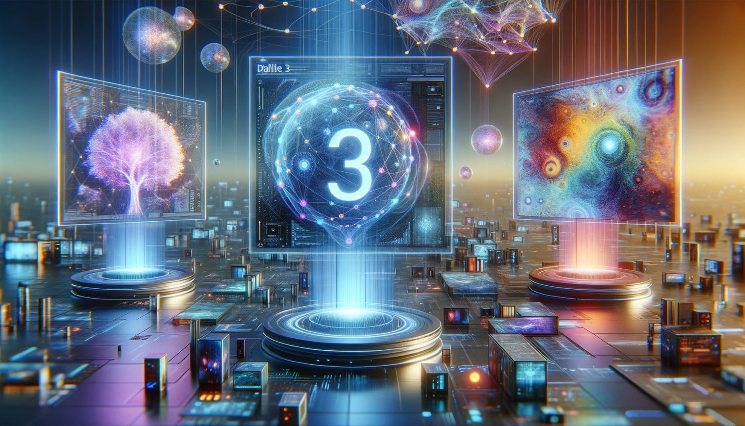 Photo-realistic image of a futuristic digital landscape with floating holographic screens displaying various art generated by an AI. Prominently in the center is a screen showcasing the text 'DALL·E 3'. Around it, abstract digital patterns and neural network visualizations create a vibrant background. The atmosphere suggests cutting-edge technology and innovation.