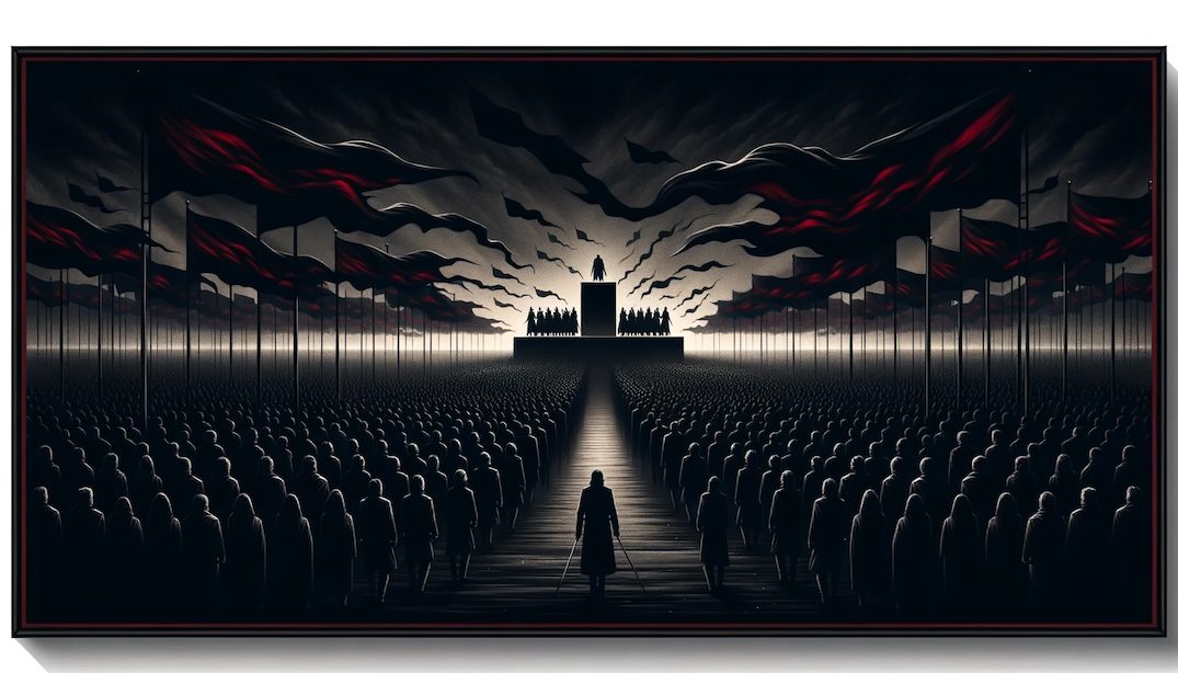 Dark-themed rectangular illustration depicting a scene of a large group of people marching in unison. The atmosphere is tense and foreboding. They march under a sky filled with black and red flags fluttering ominously. In the distance, on a massive podium, a shadowy figure speaks to the masses, creating an aura of fear and control.