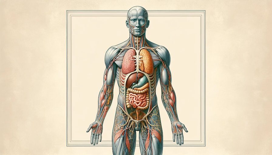 Rectangular illustration showcasing a detailed representation of the human body. The artwork visualizes the body's anatomy with highlighted organs, muscles, bones, and vascular systems, providing a comprehensive view of the human physiology against a neutral background.