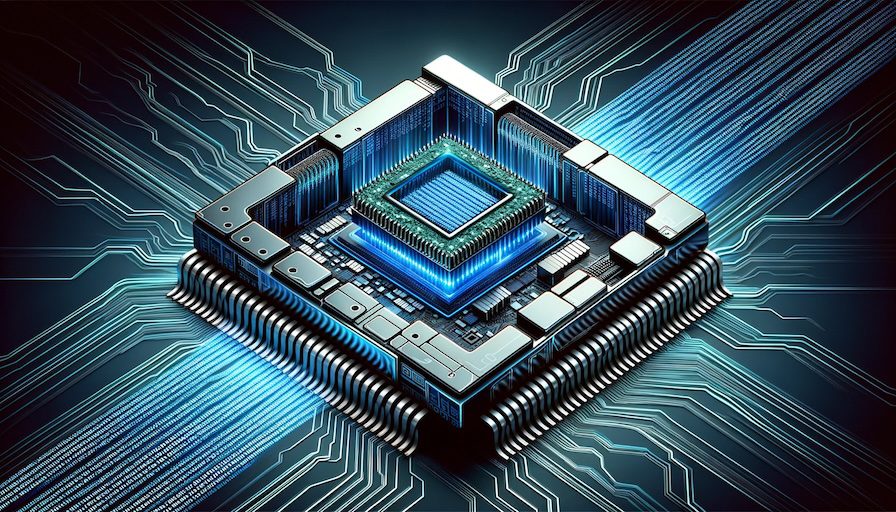 Digital art illustration of a sleek computer chip, with zoomed-in sections revealing layers of kernels functioning in harmony. Streams of binary code flow around, emphasizing the kernel's role in data processing. The bold title 'The Power of Kernels' stands out in the center.