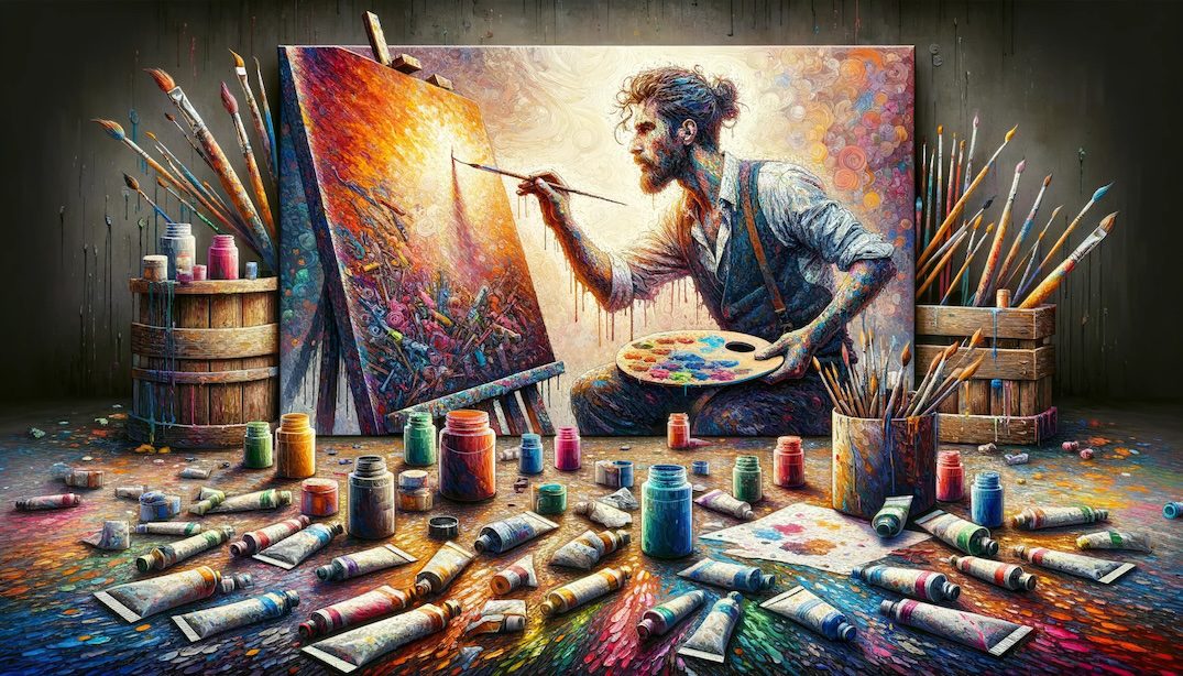 Rectangular depiction of a painter in their studio, surrounded by a myriad of colorful paint tubes, brushes, and canvases. The artist, with paint smeared on their face and clothes, passionately works on a large canvas, their strokes bold and confident. The atmosphere is filled with the aroma of paint and the energy of creation.
