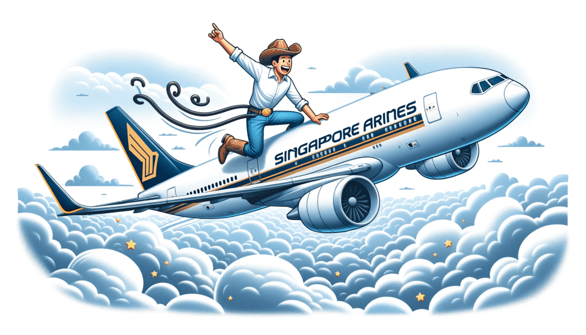 Illustration of a Singapore Airlines plane soaring through the sky amidst clouds. On the top of the aircraft, a man with a cowboy hat is enthusiastically riding it, mimicking a rodeo stance, with one hand in the air. The entire scene has a whimsical and imaginative feel.