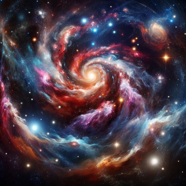 Illustration of a distant galaxy viewed from space, with swirling patterns of stars, colorful nebulae, and bright cosmic structures, all coming together in a harmonious and awe-inspiring celestial scene.