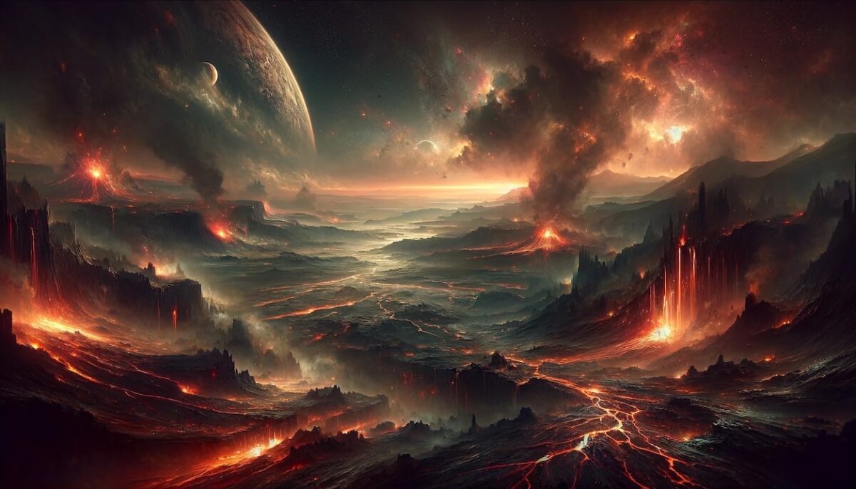 Create a wide header image depicting the early days of Earth, billions of years ago, suitable for a blog post. The image should show an intense, primordial landscape with vast lava fields, massive volcanic eruptions, and a hazy, thick atmosphere. The scene should capture the chaotic and hostile environment of early Earth with no signs of life, using fiery reds, oranges, and dark, brooding colors.