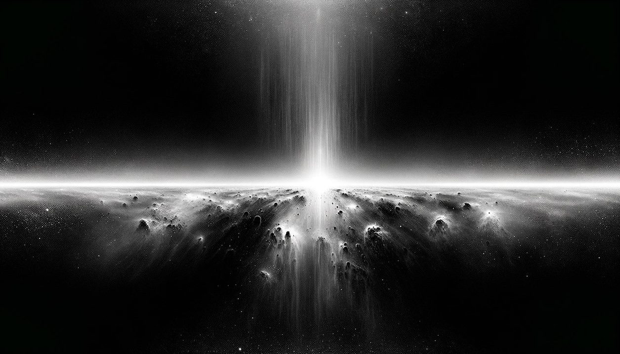 Visualize 'the end of everything' in a profound black and white design, using a rectangular format. The image should convey a sense of finality and emptiness, featuring an expansive void with subtle textures to represent the vastness of space at the end of time. In the center, include a faint, diminishing light or a small cluster of dying stars, symbolizing the last remnants of cosmic energy. The rest of the space should be dominated by darkness, with minimalistic details to emphasize the concept of a universe devoid of life and matter. The overall composition should evoke a sense of stillness and the inevitable conclusion of the cosmos.