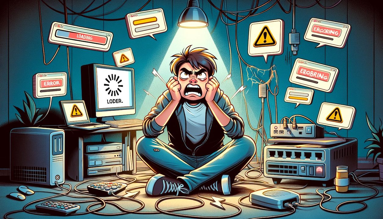 Illustrate the concept of the internet being unreliable or problematic. The image should feature a frustrated person of Hispanic descent sitting in front of a computer screen, which displays a loading icon or an error message. Surround the person with symbols of internet failure, such as disconnected cables, a broken router, or a series of pop-up windows showing error codes. The room should have a dim light, accentuating the person's annoyance and the inconvenience caused by the internet issues. The overall mood of the image should convey the challenges and frustrations that come with poor internet connectivity or online problems.