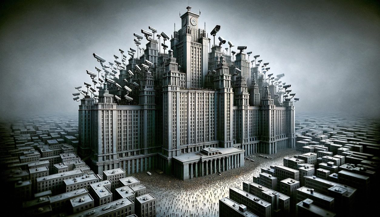 A symbolic representation of an overbearing government. The image should feature a large, imposing government building, towering over a small, crowded city. The architecture of the building is grandiose and intimidating, with a multitude of surveillance cameras and antennas protruding from it, symbolizing constant monitoring. Below, the citizens are depicted as small, numerous, and overshadowed by the building's massive scale. The color palette should be dominated by grays and darker tones, emphasizing a sense of oppression and control. The cityscape should be dense and packed, with the government building overwhelmingly dominating the scene, reflecting the concept of an overpowering state.