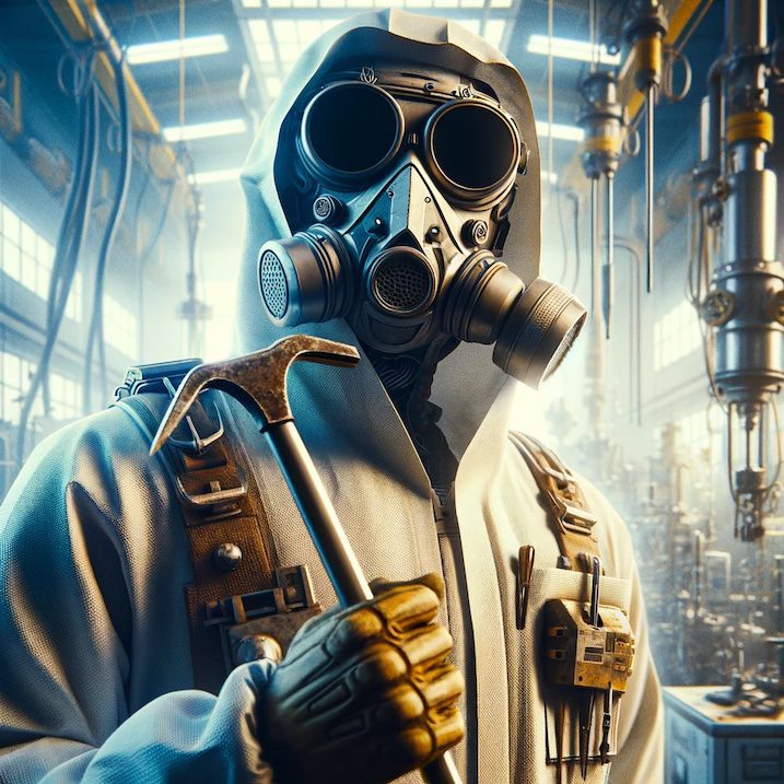 Create an image of a generic character similar to a scientist or researcher, inspired by popular science fiction themes. The character should be wearing a protective suit with goggles, resembling typical attire for hazardous environments. Include details like a crowbar or other tool in hand, suggesting an adventurous or action-oriented role. The background should be a scientific or industrial setting, with equipment or machinery that implies a high-tech research facility. The overall look should capture the essence of a science fiction adventure, without directly referencing or copying any specific copyrighted characters.