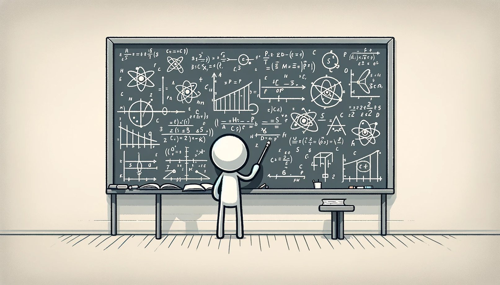 Create a wide rectangular image featuring a stickman figure working on physics concepts. The stickman should be depicted in front of a large chalkboard filled with physics equations, diagrams of atoms, and illustrations of gravitational waves. The stickman, drawn in a simple and clear style, should be actively engaged in solving or writing equations, with a thoughtful expression. The chalkboard should be the central focus, showing the complexity and depth of physics, while the stickman represents the human curiosity and pursuit of understanding these concepts. The background should be a minimalistic representation of a classroom or study space.