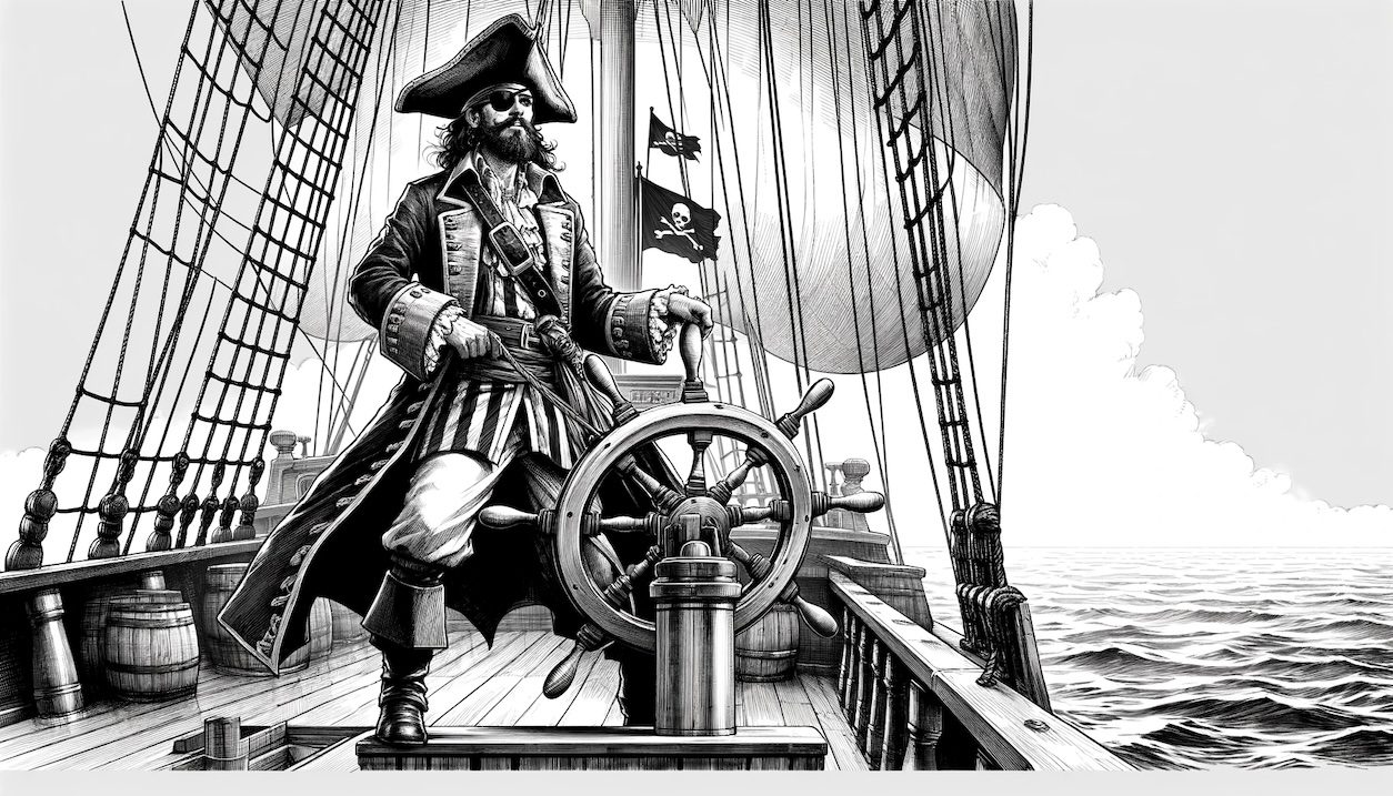 Illustrate a pirate captain standing proudly on top of his ship. The captain should be a charismatic figure, wearing a traditional pirate outfit complete with a hat, eye patch, and a coat. He should be standing at the helm of the ship, with one hand on the wheel, looking out towards the horizon. The ship should be detailed, with sails unfurled and the Jolly Roger flag flying high. The background should feature the open sea, with the sky reflecting the time of day, either sunrise or sunset, adding to the adventurous atmosphere. The overall image should capture the essence of piracy and the freedom of the seas.