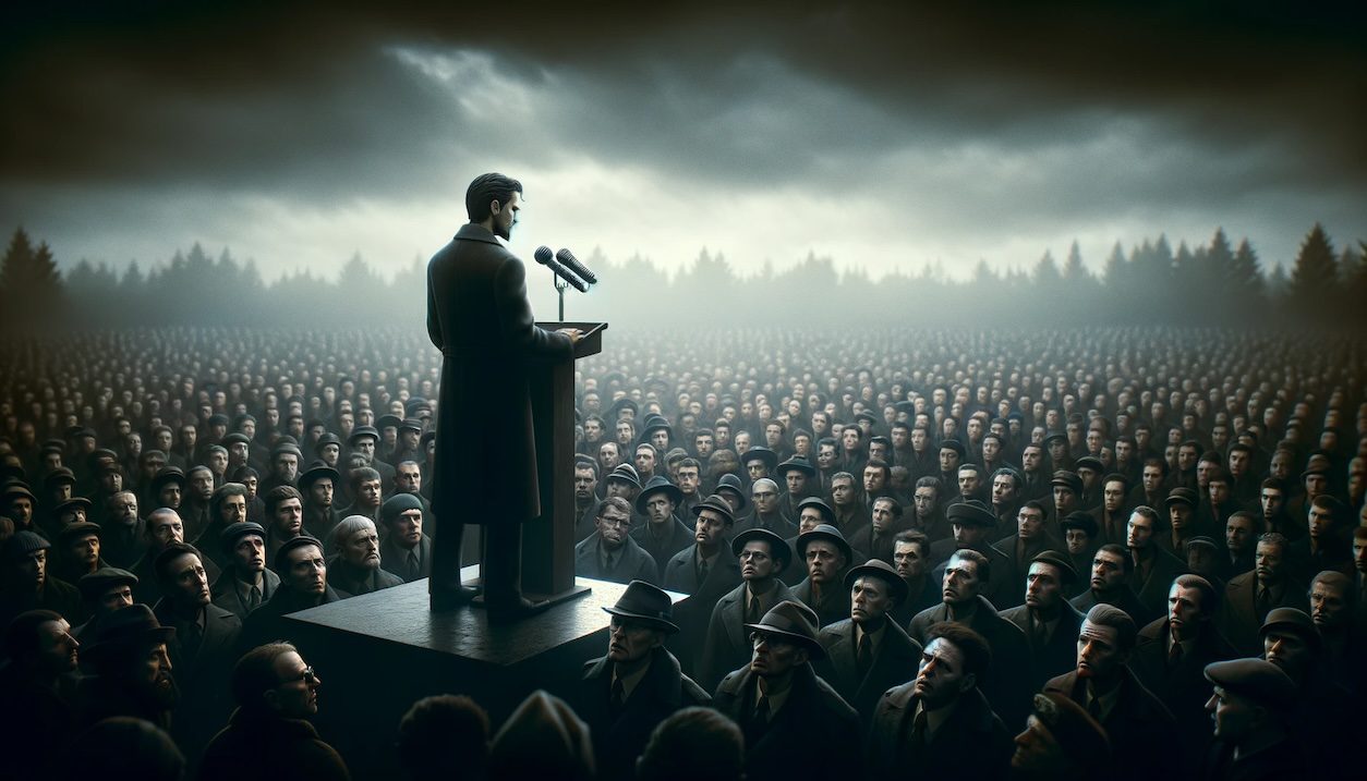Create a photorealistic and gloomy image of a man giving a speech to a large crowd, where the crowd appears fearful. The man should be standing at a podium with a microphone, his expression serious and commanding. The audience should be large, their faces reflecting fear and apprehension. The setting should be outdoors, under an overcast sky, adding to the somber mood of the scene. The lighting should be dim, casting long shadows, to heighten the sense of unease and tension. The overall tone of the image should be dark and intense, capturing a moment of significant emotional impact.