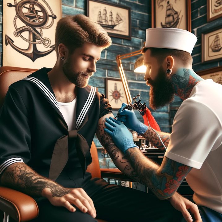 Create an image of a sailor getting a tattoo in a traditional tattoo parlor. The sailor should be sitting in a classic tattoo chair, with a tattoo artist working on a new tattoo on his arm. The sailor is wearing a nautical uniform, and the tattoo should be of a classic maritime design, like an anchor or a ship. The tattoo parlor should have a vintage feel, with nautical-themed decorations and old-school tattoo equipment. The overall atmosphere should be relaxed and casual, capturing a moment in the life of a sailor embracing the maritime tradition of getting tattoos.
