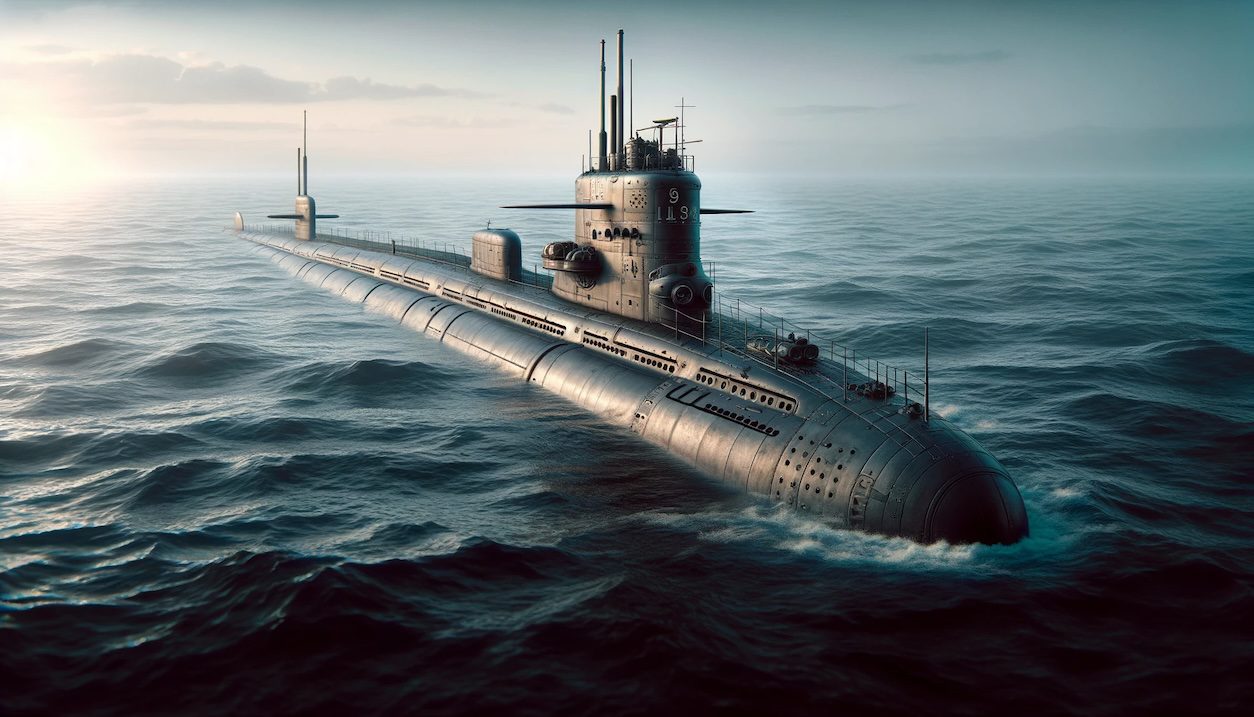 Create a wide image of a World War II era U-boat submarine, in a realistic and historically accurate style. The U-boat should be shown alone in the vast ocean, emphasizing its isolation. It should be partially submerged, with its conning tower and periscopes visible above the water. The design of the U-boat should reflect the typical features of the era, including the sleek, menacing silhouette and naval camouflage. The sea should be expansive and empty around the submarine, highlighting the solitary nature of its mission, with no other vessels or coastlines in sight.