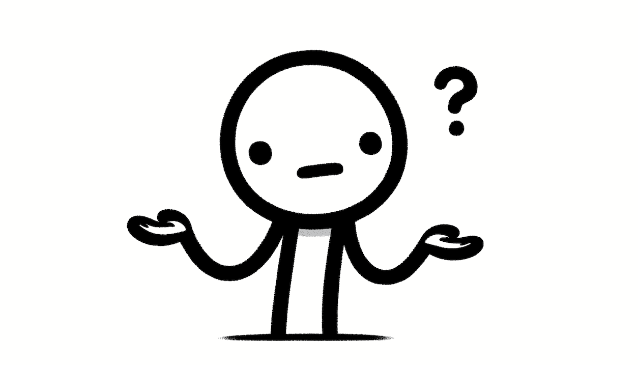 Create a wide rectangular image of a stick figure that looks confused. The stick figure should have a simple, hand-drawn appearance, with a puzzled expression on its face, such as a raised eyebrow and a tilted head. The stick figure can be standing with its arms outstretched slightly, as if shrugging or unsure. The background should be white and plain, focusing the viewer's attention on the stick figure's expression and body language, effectively conveying the feeling of confusion in a clear and minimalist style.