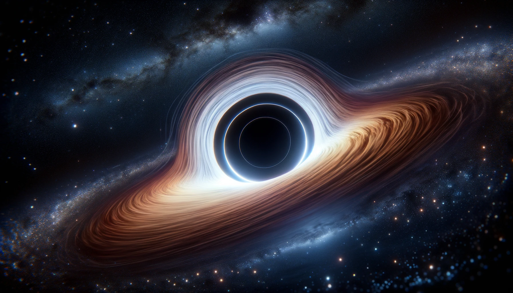A photo-realistic image of a black hole, depicted in space. The scene captures the intense gravitational pull of the black hole, bending light around its event horizon, creating a visually stunning effect. The background is filled with stars and distant galaxies, enhancing the deep, cosmic setting. The black hole itself is not directly visible but is indicated by the distortion of light and space around it, creating a dark void in the center surrounded by a bright accretion disk. This portrayal should convey the eerie and powerful nature of black holes in the universe, with emphasis on realism and detail in the depiction of cosmic phenomena.