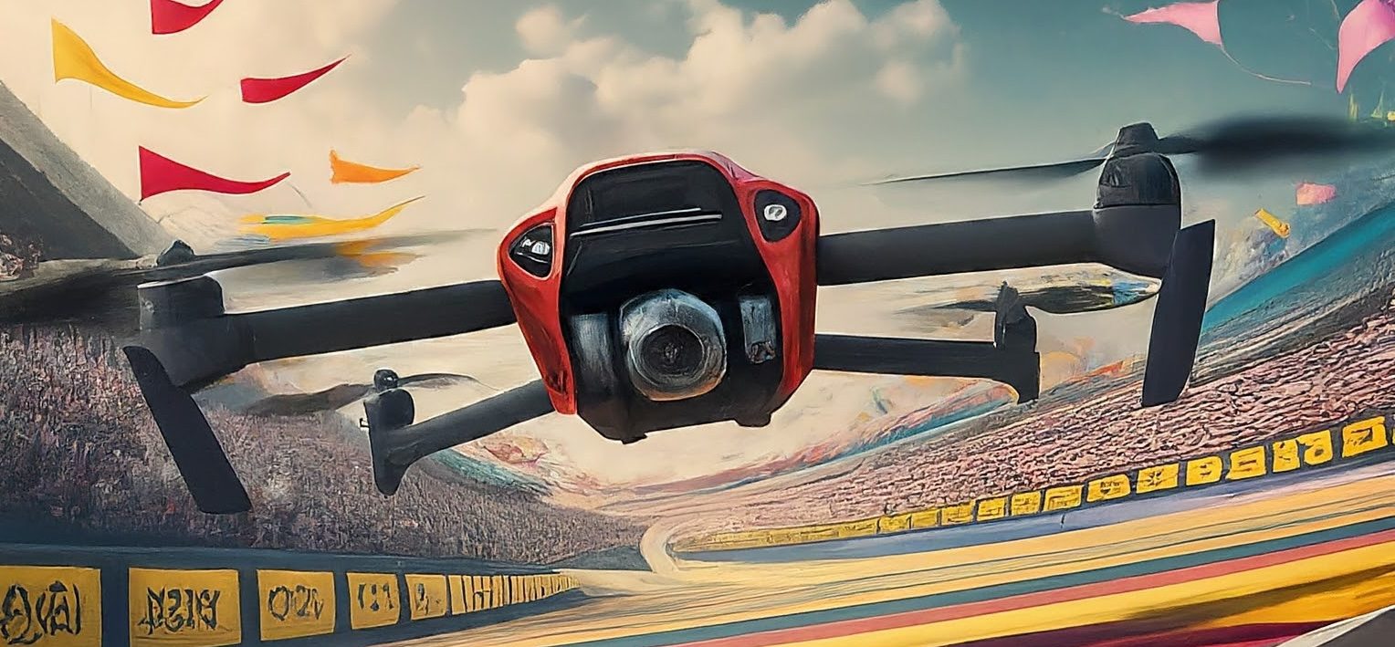 a photo realistic image of a very fast drone on a racetrack