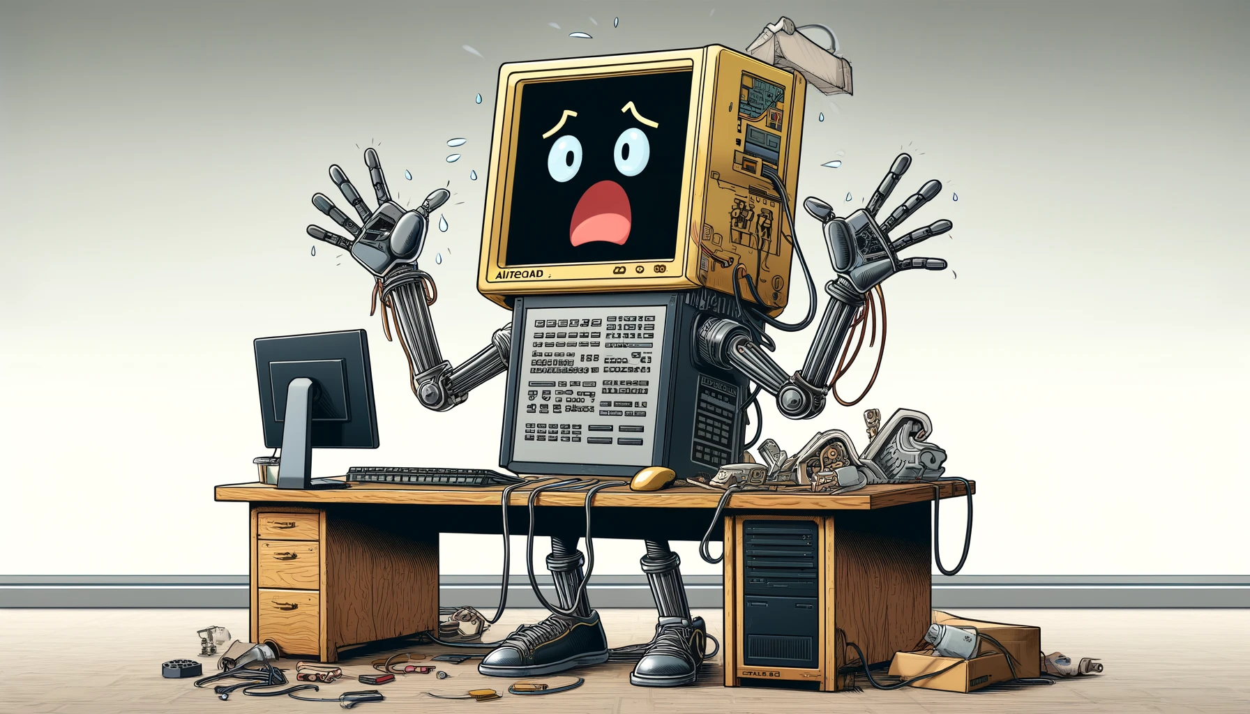 A humorous wide banner image of a robot designed as an inept version of AutoCAD software. The robot has a rectangular body resembling a traditional computer tower, and the head is a monitor displaying a bewildered digital face. Limbs are fashioned from wired peripherals like a keyboard and a mouse. The cartoonish design emphasizes the quirky and inefficient character. This header image features a panoramic office background with scattered cables and old computer parts.