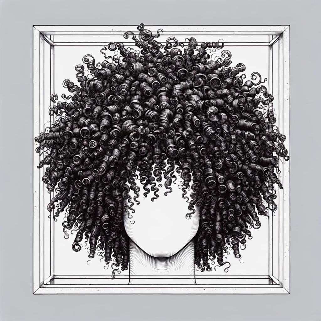 Illustrate a detailed and lifelike portrait of an individual with distinct, voluminous curly hair contained within a stark rectangular frame. The curls should be tight and intricate, showcasing a variety of loops and swirls that fill the box completely, creating a captivating and dense texture. The background should be simple and unobtrusive, ensuring that the focus remains solely on the richly detailed curls and their artistic arrangement within the confines of the rectangular boundary.
