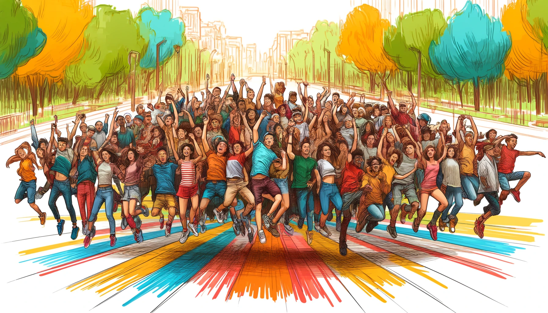 A lively drawing depicting a large group of one hundred diverse individuals, all captured mid-jump, not exceeding 0.5 meters above the ground, in a stylized, hand-drawn format. The setting is a colorful urban park with detailed sketches of trees and pathways. The characters, representing various ethnicities and ages, are wearing a mix of sporty and casual outfits, drawn with vibrant colors and bold lines. The drawing style is energetic and expressive, emphasizing the joyful and communal nature of the scene.