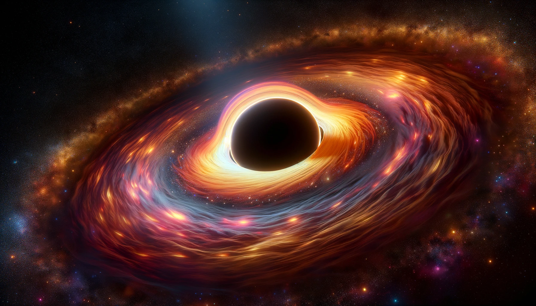 A realistic depiction of a black hole with its surrounding accretion disk. The black hole is central in the image, showing a dark, dense core surrounded by a swirling, luminous accretion disk emitting bright light and colorful gases. The background is a starry space, enhancing the dramatic contrast between the dark black hole and the vibrant disk.
