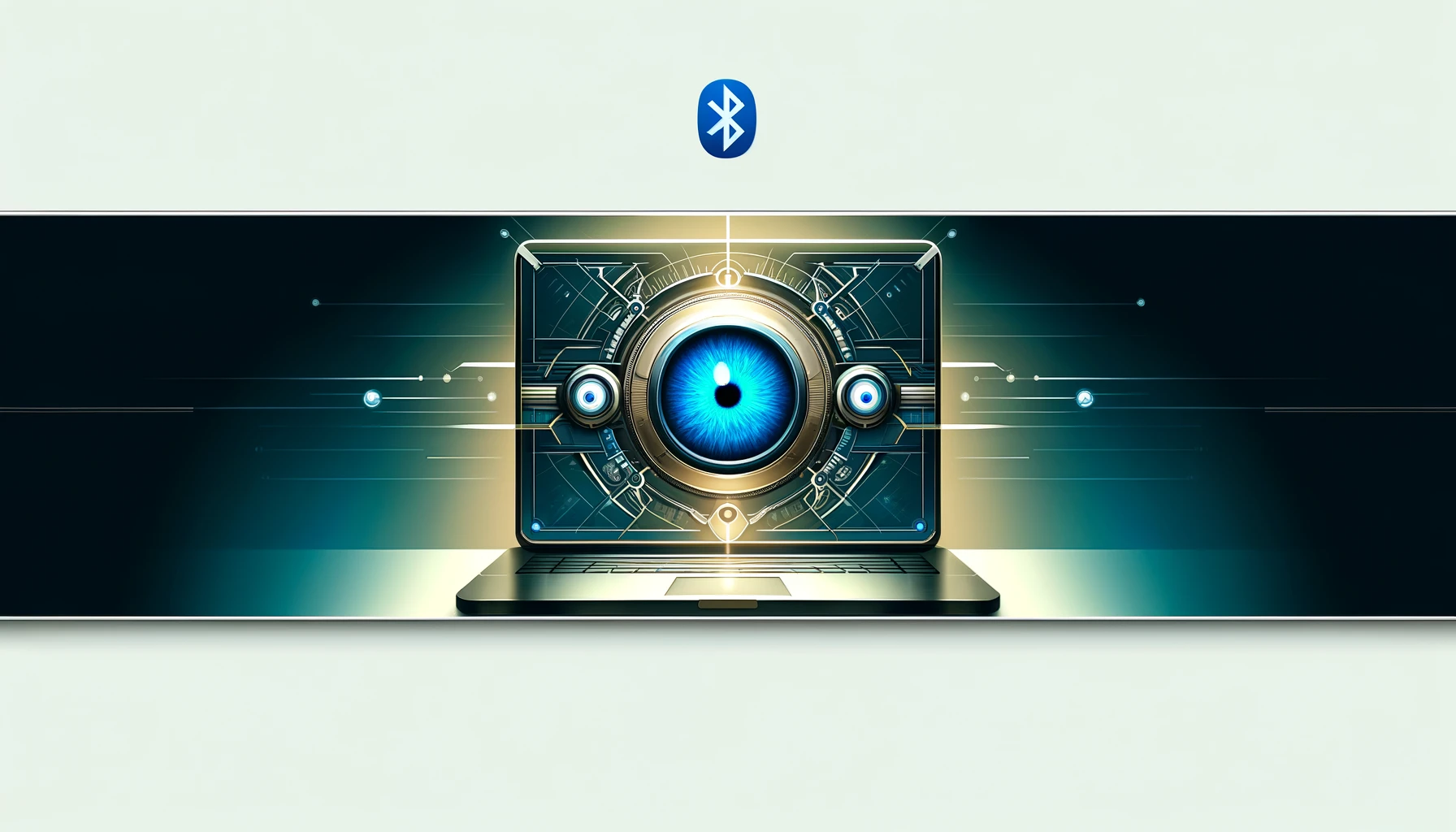 Create a wide header image depicting an all-knowing computer as a Bluetooth device. The image should feature a futuristic computer with a glowing central eye or lens, symbolizing its intelligence. Incorporate the Bluetooth symbol into the design, making it part of the device's sleek and advanced look. The background should be clean and minimalistic, emphasizing the technological and futuristic theme.