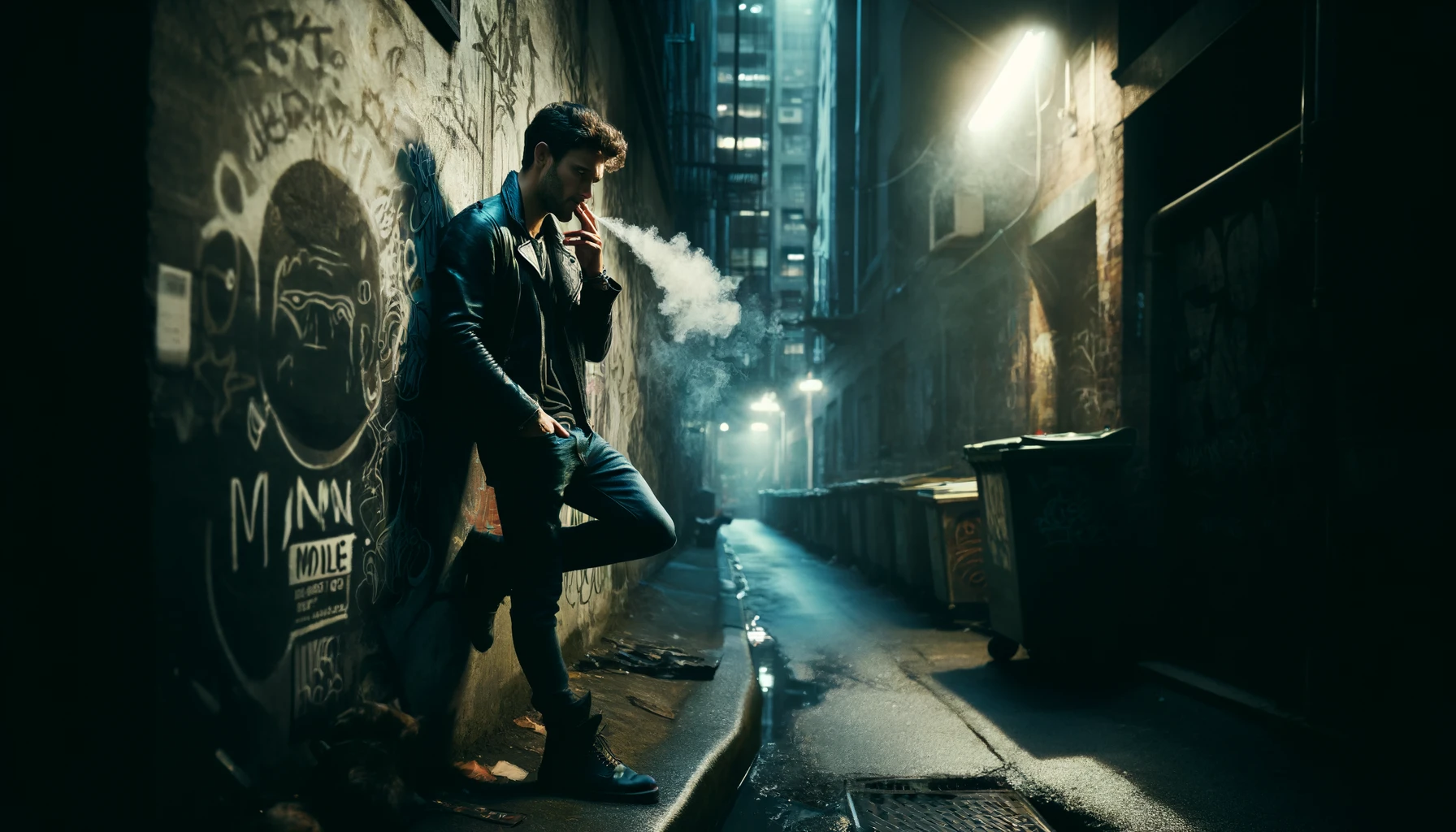 A man wearing a dark leather jacket and jeans, leaning against a graffiti-covered wall in a dimly lit alley. He is smoking a cigarette, with smoke curling up into the air. The alley is narrow and filled with trash and a few stray cats. The lighting is moody, with a single flickering street lamp casting shadows. The atmosphere is gritty and urban, reminiscent of a noir film.